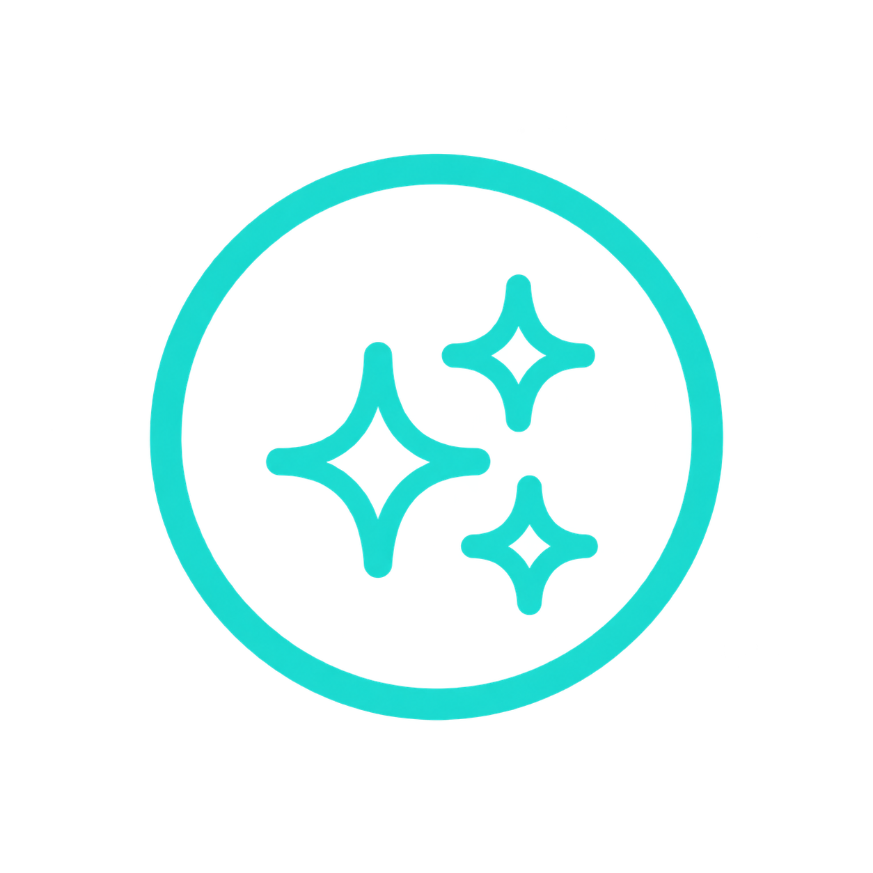 Icono de color azul brillante con un círculo que contiene cuatro estrellas de cuatro puntas, representando destellos o brillo.