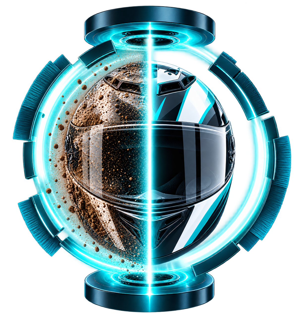 Una imagen digital con un casco de motocicleta partida en dos, mostrando una mitad con un paisaje lunar con polvo y rocas, y la otra mitad con un diseño futurista y moderno, rodeada por un marco brillante de luz azul.