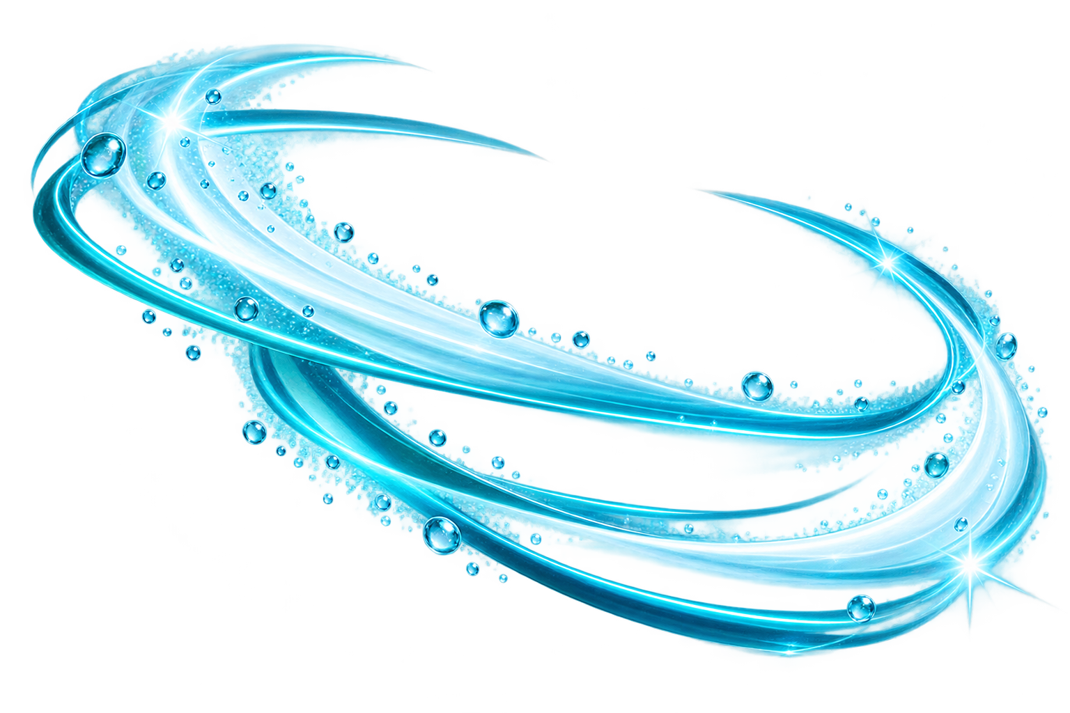 Diseño digital de líneas de luz azul y gotas de agua en movimiento con destellos brillantes.