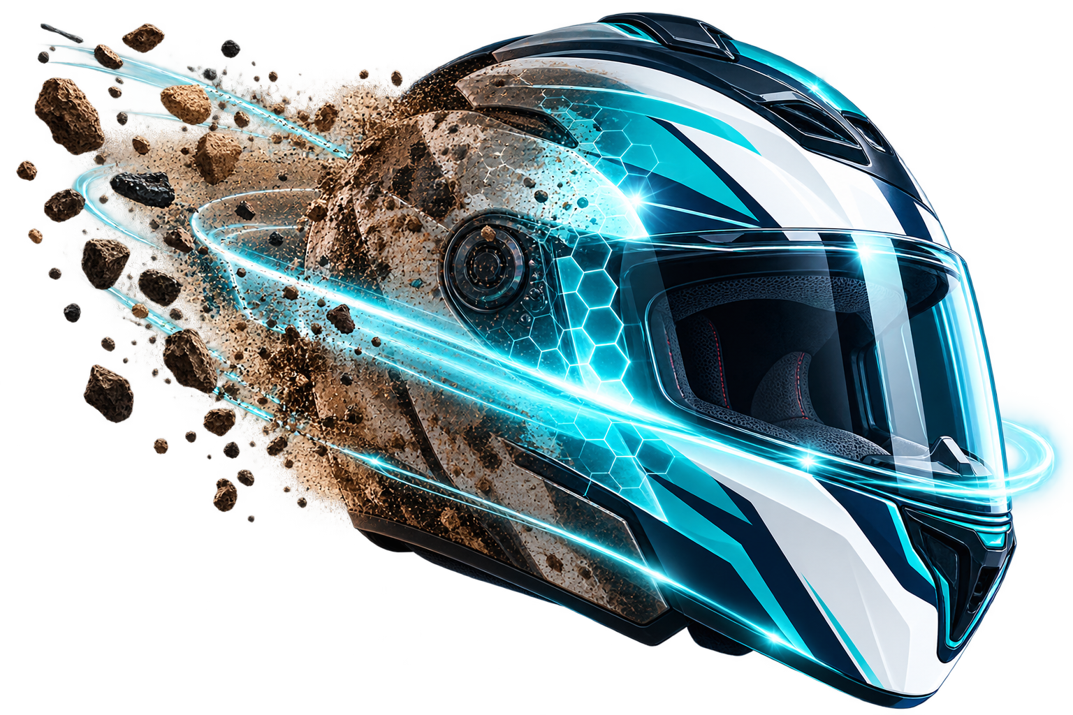 Casco de motocicleta futurista en movimiento con efectos de energía y tierra desintegrándose.