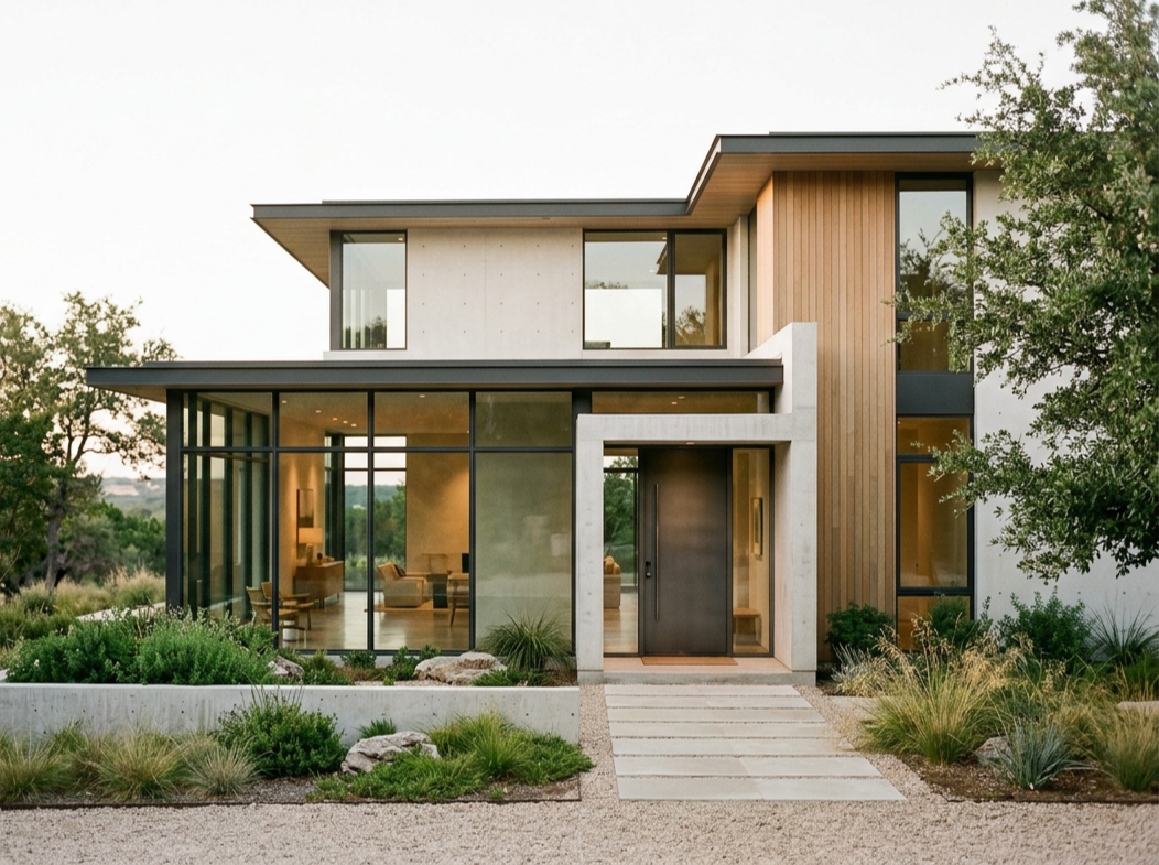 Modern two-story house with large glass windows, wooden and concrete exterior, landscaped front yard, and trees.