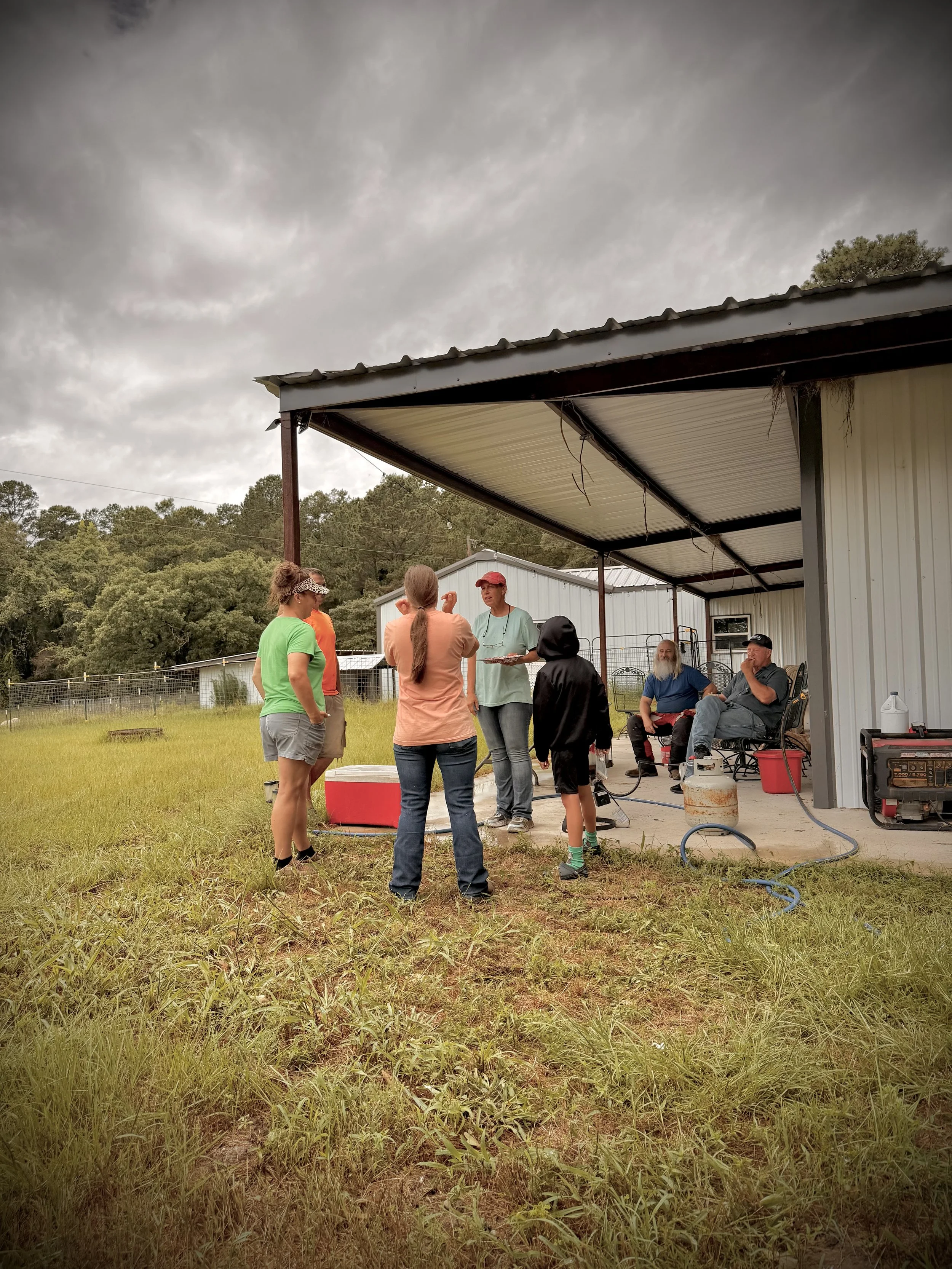 A group of people gathered on a covered porch outside a building on a cloudy day, with some seated and others standing and talking.