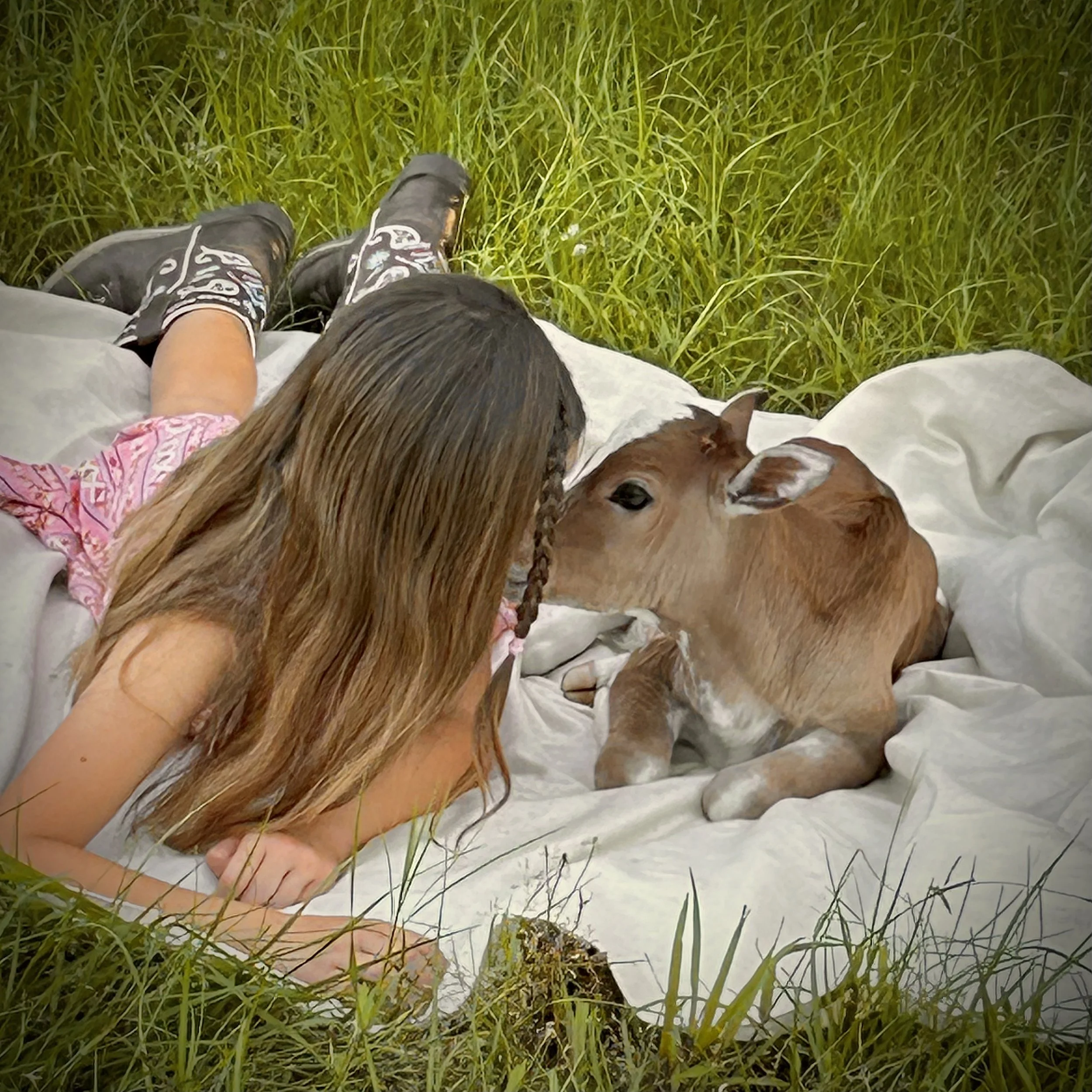 View of a person lying in tall green grass with a dog resting its head on the person's arm.