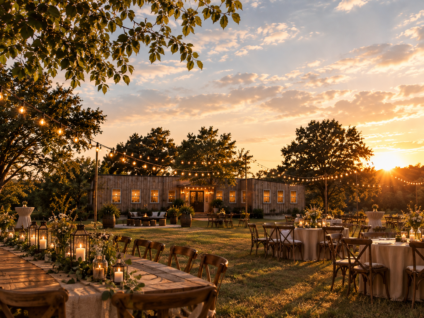 Outdoor event setup with round tables covered in white tablecloths, surrounded by wooden chairs, decorated with candles and flowers. String lights are hanging overhead, and a rustic building and trees are in the background during sunset.