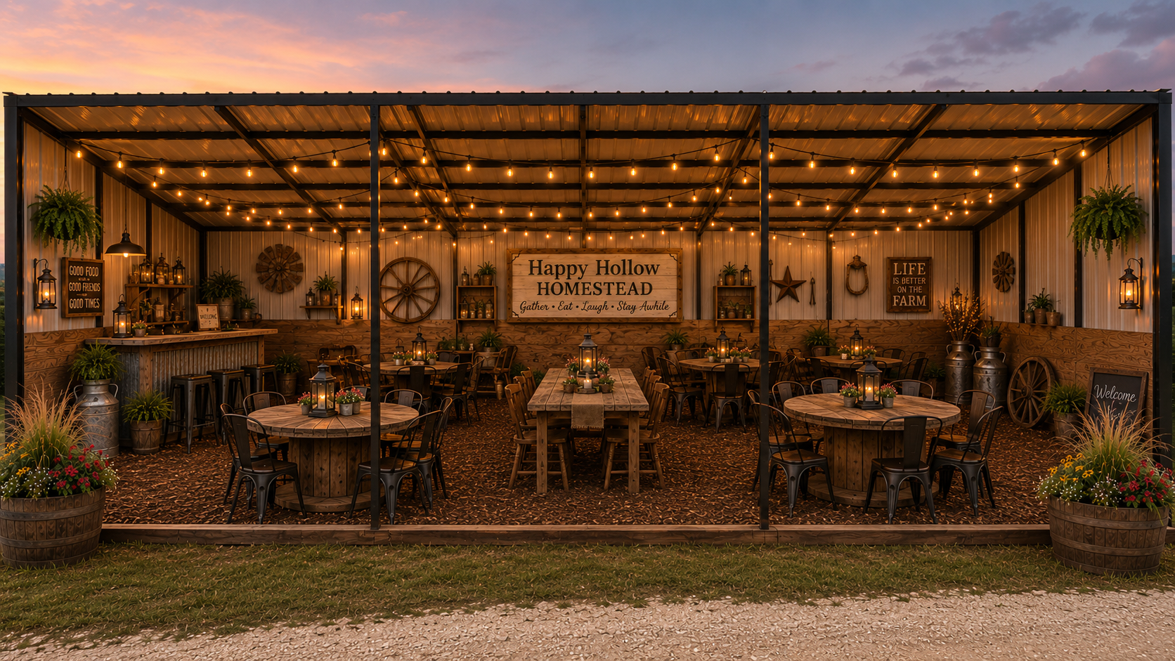 Open-air rustic wedding or event space decorated with hanging string lights, wooden tables and chairs, lantern centerpieces, potted plants, and farmhouse decor, with signs reading "Happy Hollow Homestead," "Life is better on the farm," and welcome banners.