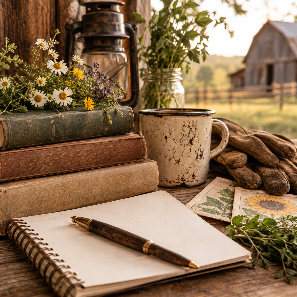 A rustic outdoor scene with a stack of vintage books, a bouquet of wildflowers, a mason jar with green foliage, a weathered enamel mug, gardening gloves, and botanical illustrations on paper, set on a wooden surface with a barn in the background.