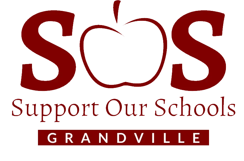 Logo supporting schools in Grandville with the text 'S.O.S. Support Our Schools' and an apple outline replacing the 'O' in 'S.O.S.'