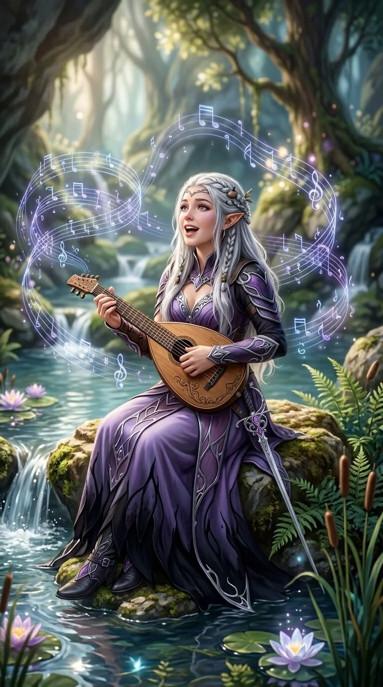 An elf woman with long silver hair and pointed ears sitting on a rock in a lush forest stream, playing a lute surrounded by glowing musical notes and magical sparkles.