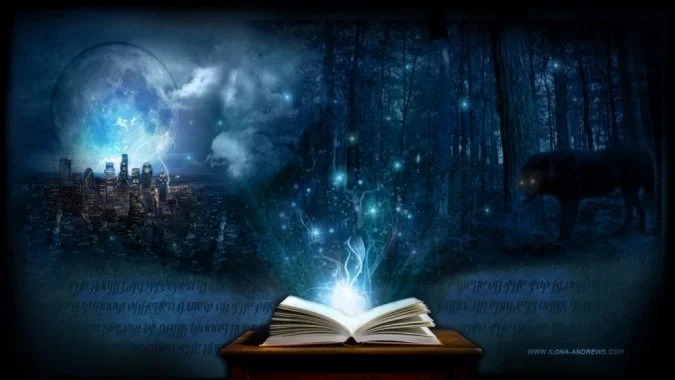 An open book with glowing magical light emanating from it, against a mystical background of a city skyline under a night sky and a dark forest with a bear silhouette.