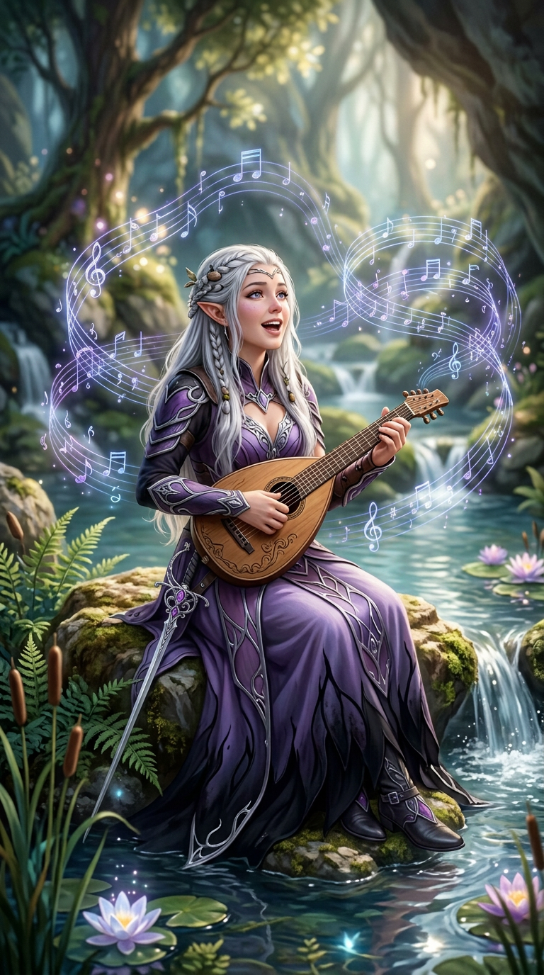 An elf woman in a purple dress playing a lute while sitting on a rock by a stream in a lush forest.