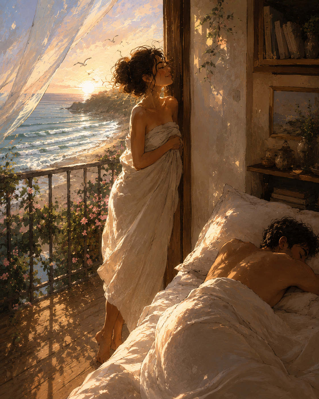 A woman standing on a balcony at sunrise or sunset, looking serene as she holds a sheet against her chest. A man is sleeping in a bed inside a cozy room, with sunlight illuminating the scene. The balcony overlooks the ocean with seagulls flying and a rocky shoreline visible in the background.
