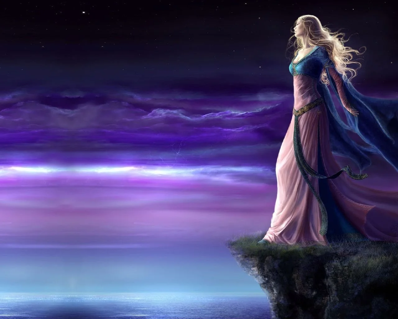 A fantasy scene of a woman with long blonde hair standing on a cliff overlooking a mystical ocean under a starry night sky with purple and blue clouds.