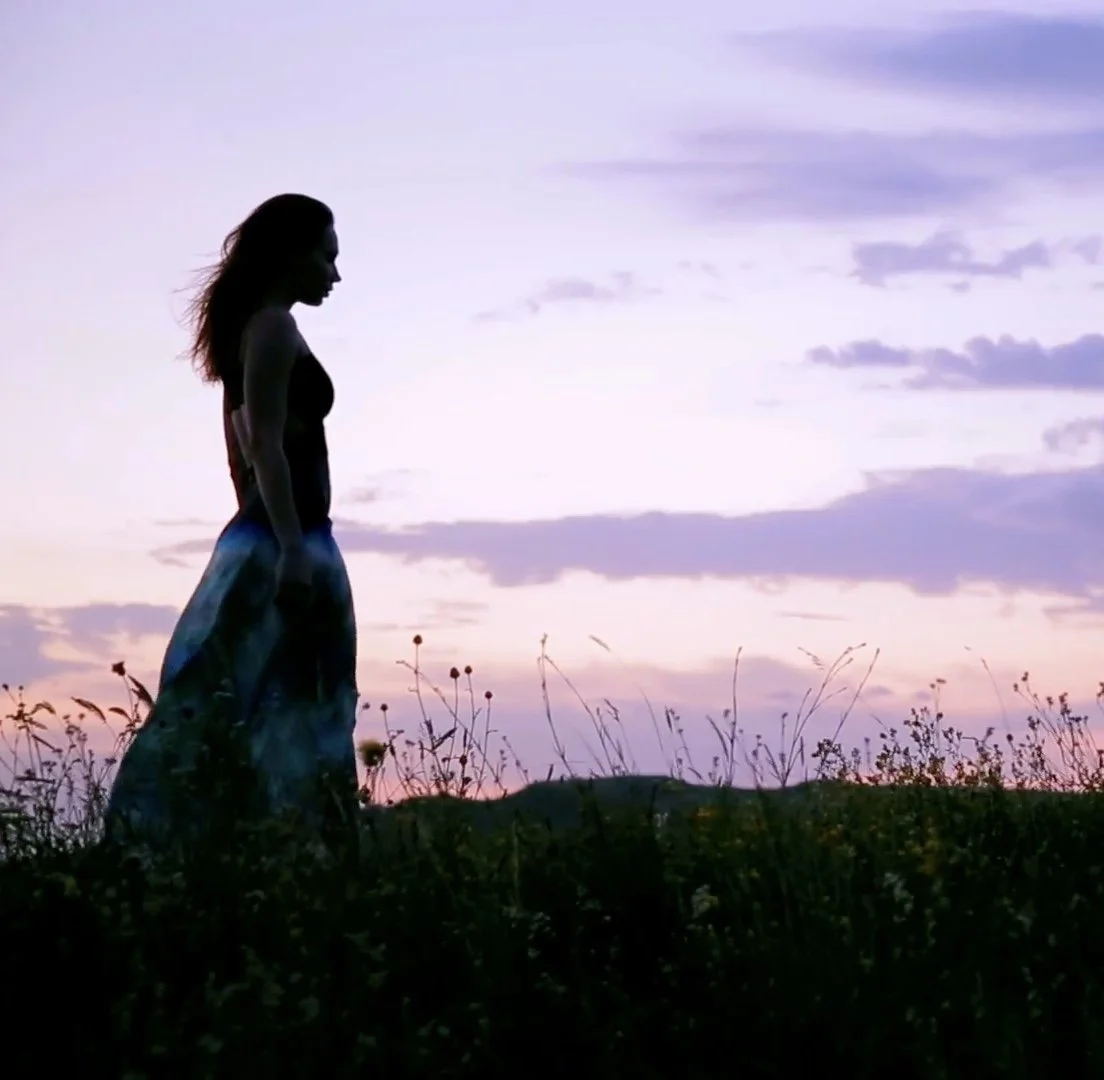 Silhouette of a woman in a flowing dress standing in a field at sunset with a colorful, cloudy sky in the background.