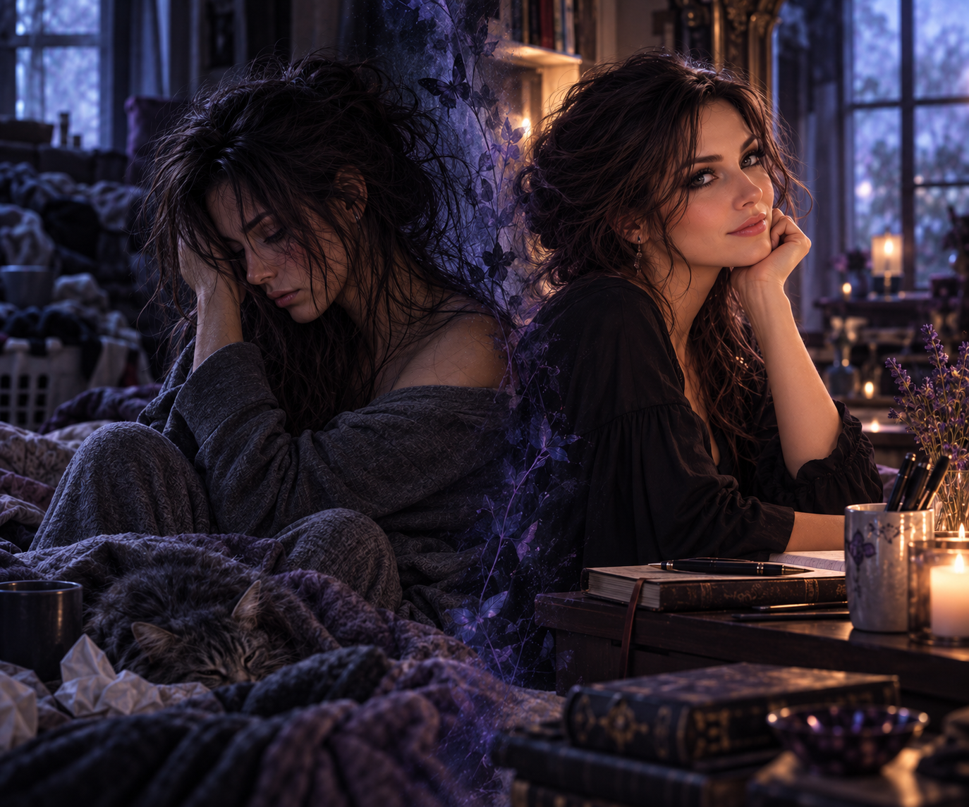 A woman with curly hair sits at a wooden table with candles, pens, and books, looking thoughtfully at the camera. On the left, a woman with disheveled hair sits with her eyes closed, her face resting on her hand, in a dimly lit room filled with blankets, a sleeping cat, and a cozy atmosphere.