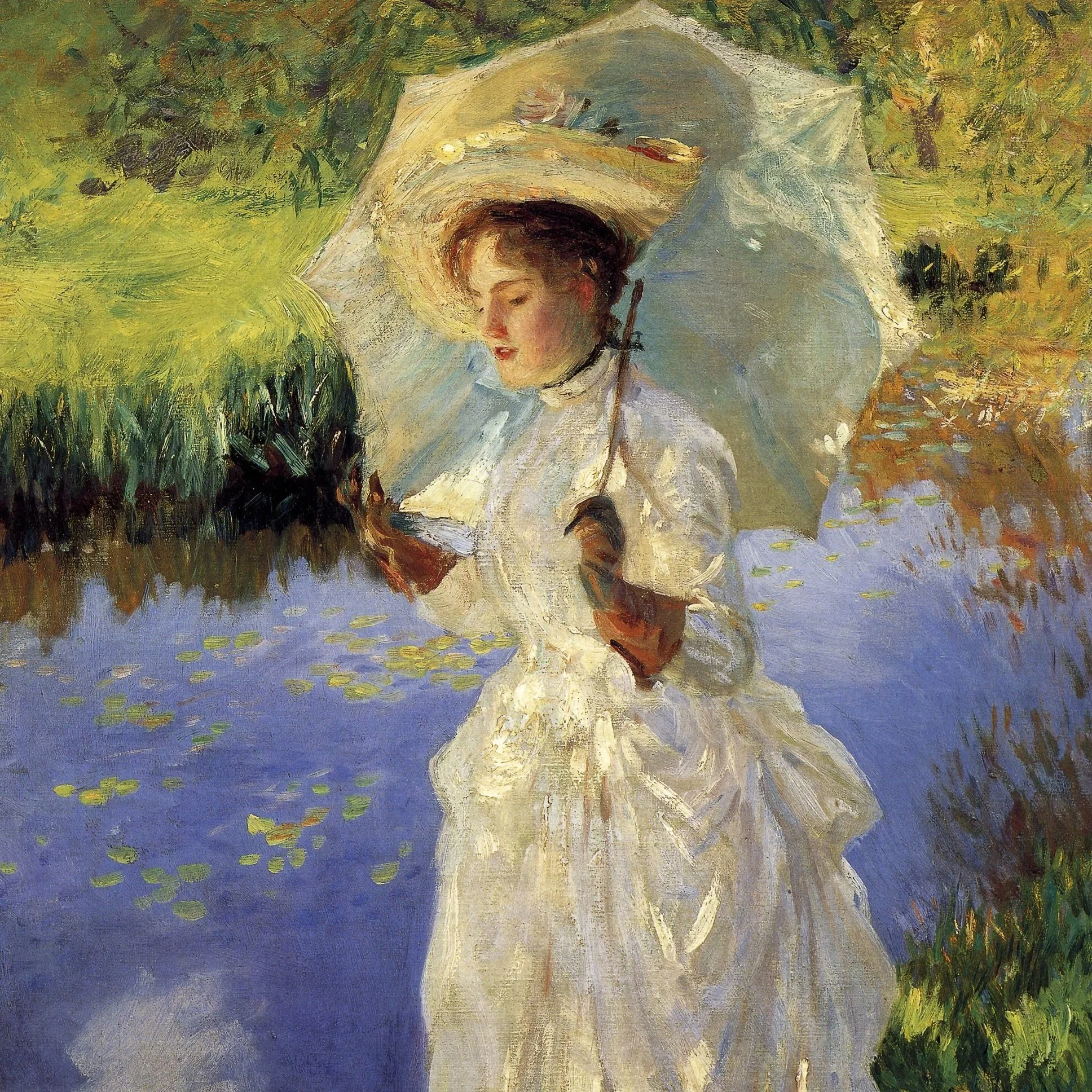 Retrato de una mujer con sombrero grande y vestido blanco, rodeada de vegetación y agua con flores de loto, en estilo impresionista.