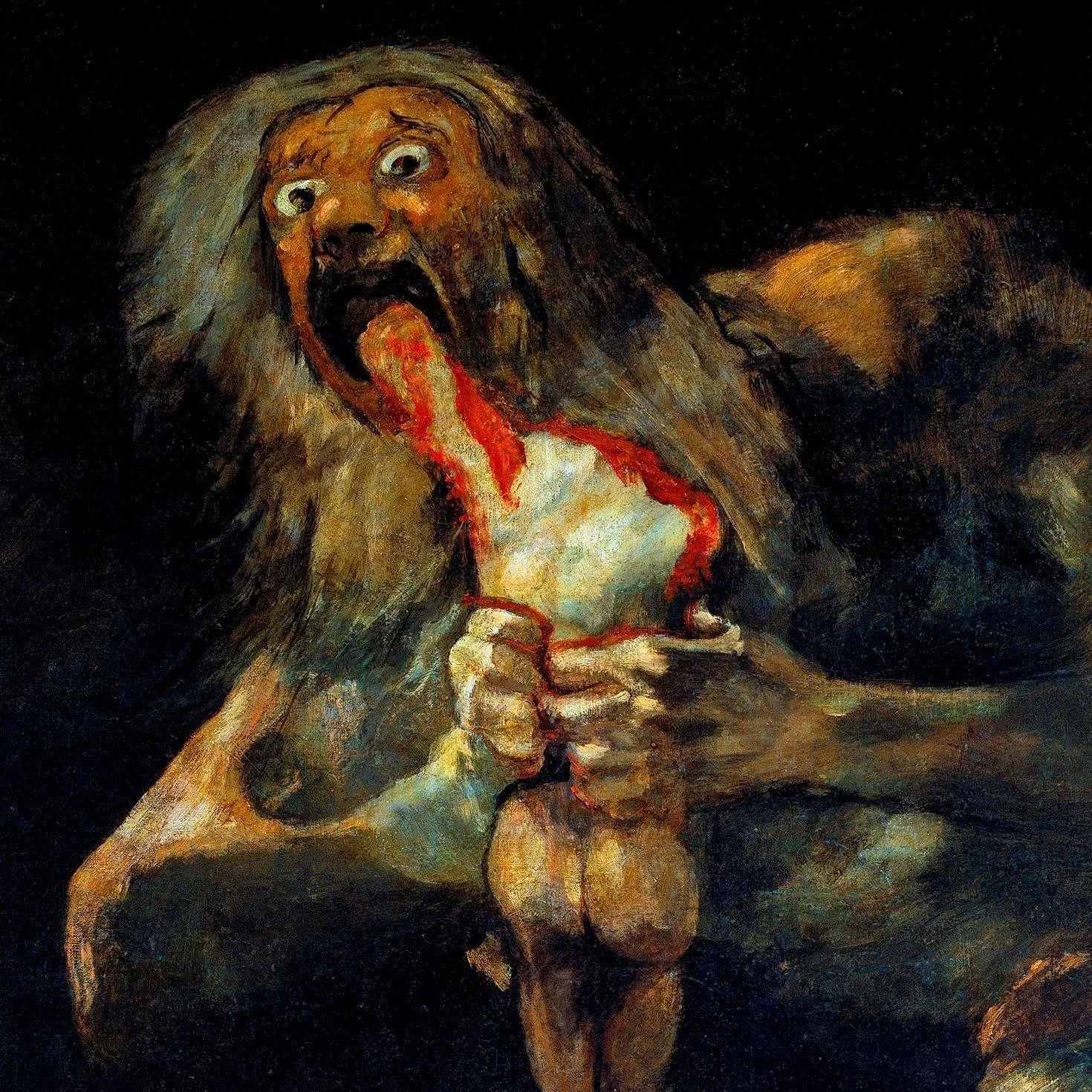 Una pintura oscura y expresionista de un hombre con un cabello y barba largos, con ojos grandes y una expresión de angustia. El hombre sostiene un cuchillo con una mano y una especie de masa o carne en la otra, con goteo de sangre.