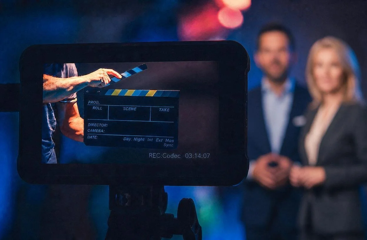 A professional video camera is recording a man and a woman in business attire, standing in front of a colorful, blurred background.