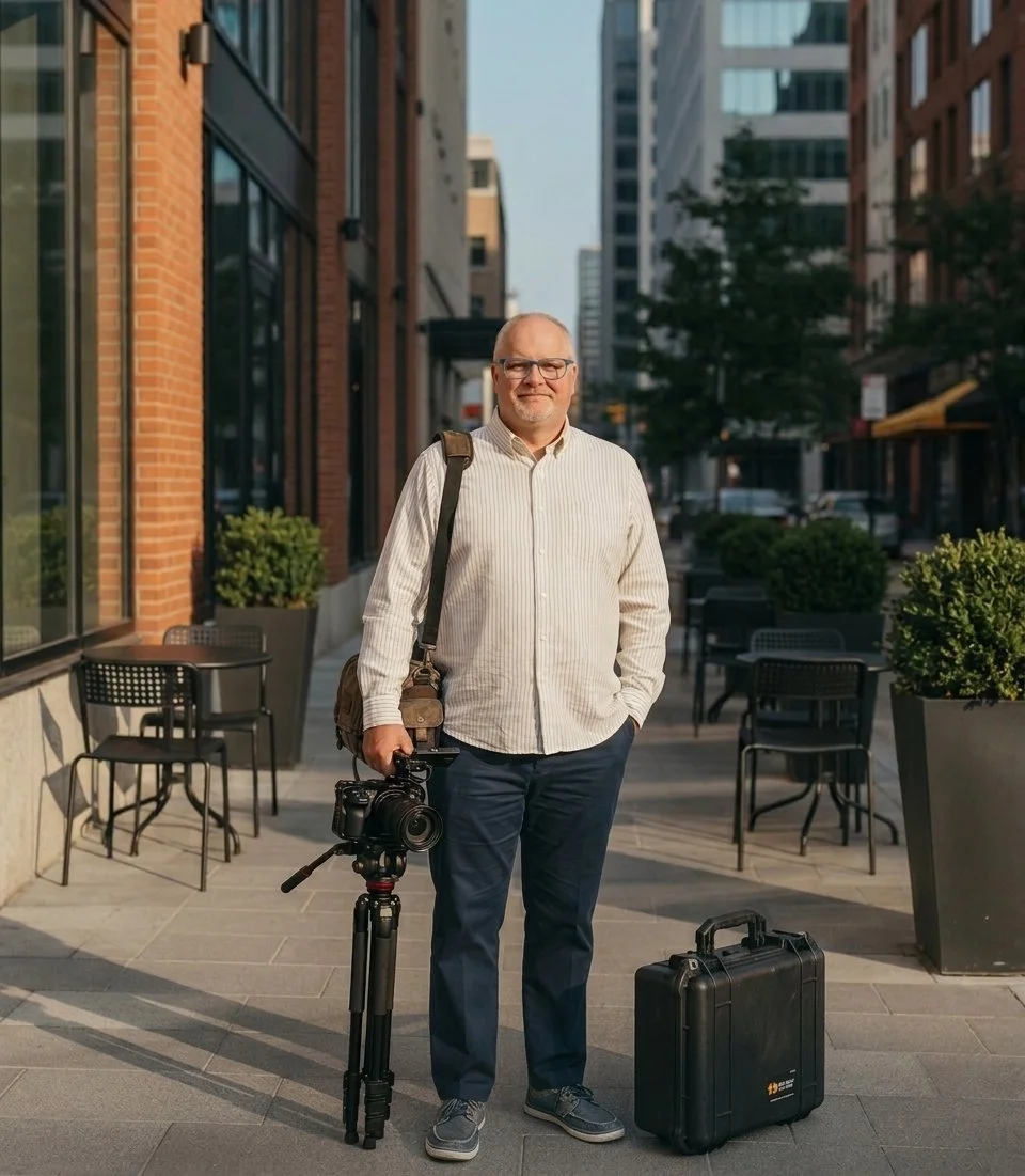 A man standing on a city sidewalk with a camera on a tripod in front of him. He is holding a camera and has a backpack and a suitcase nearby. There are outdoor tables and chairs, large planters, and tall buildings in the background.