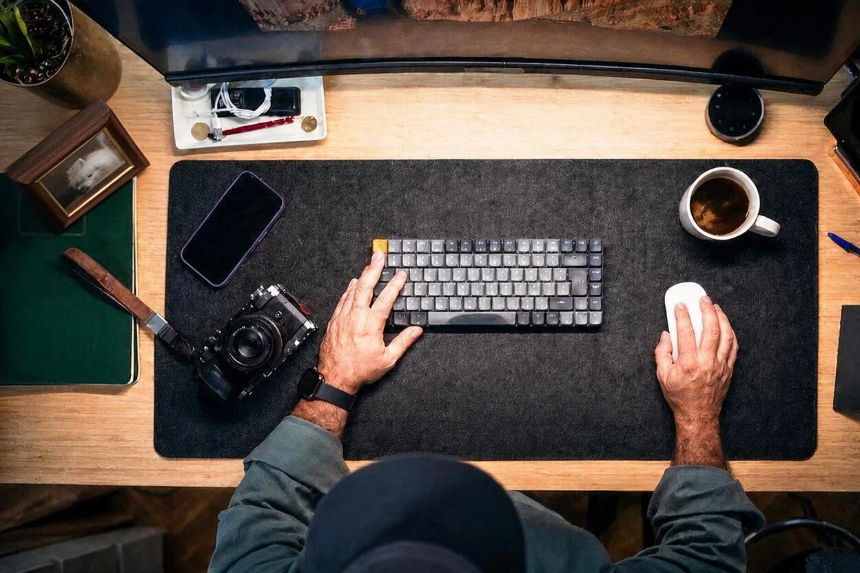 Top-down view of a person's hands using a computer keyboard and mouse on a wooden desk, with a cup of coffee, a camera, a smartphone, a framed photograph, and other small items around.