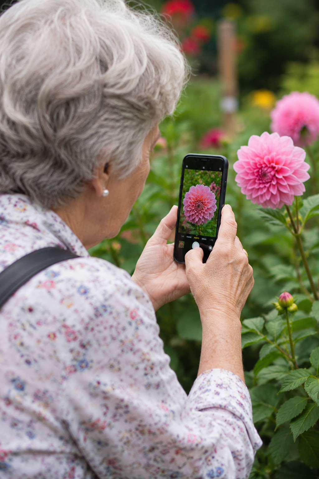 Older woman photographing a pink dahlia with her smartphone in a garden.
