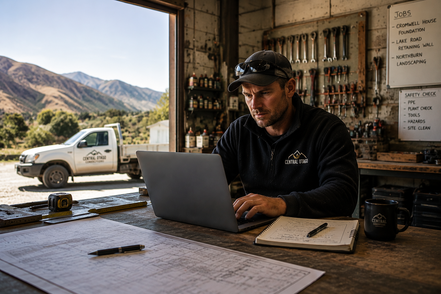 Man using a laptop in a workshop with tools, whiteboards and mountains visible outside.