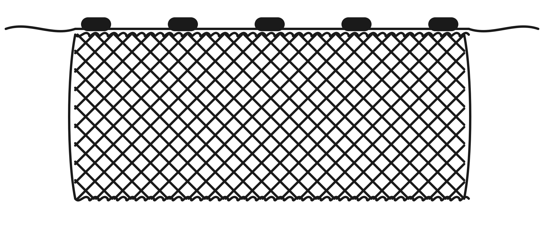 A rectangular fishing net with buoys at the top of the net