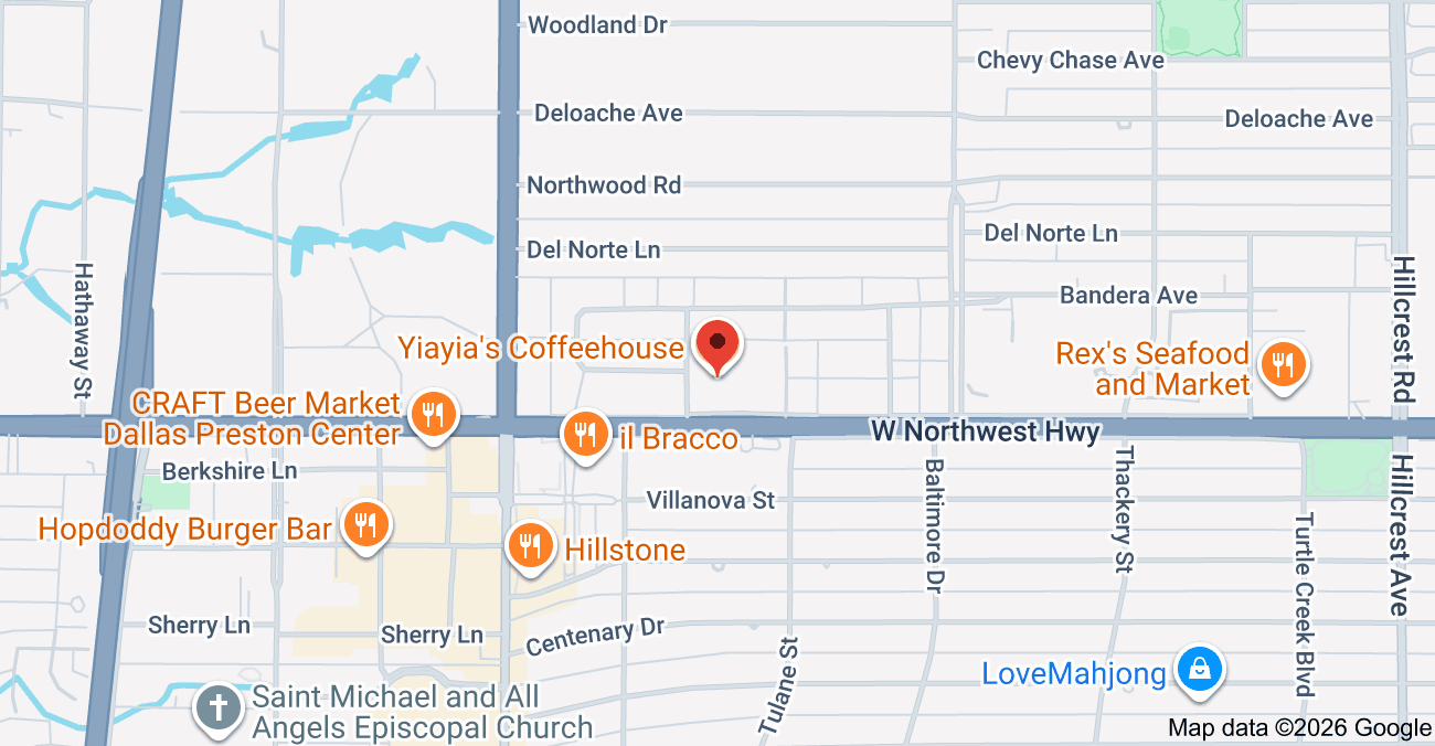 Map of an area showing several restaurants and markets along W Northwest Hwy, including Yiaya's Coffeehouse, REX's Seafood and Market, il Bracco, Hillstone, Hopdoddy Burger Bar, CRAFT Beer Market Dallas Preston Center, and LoveMahjong, with roads and streets labeled.