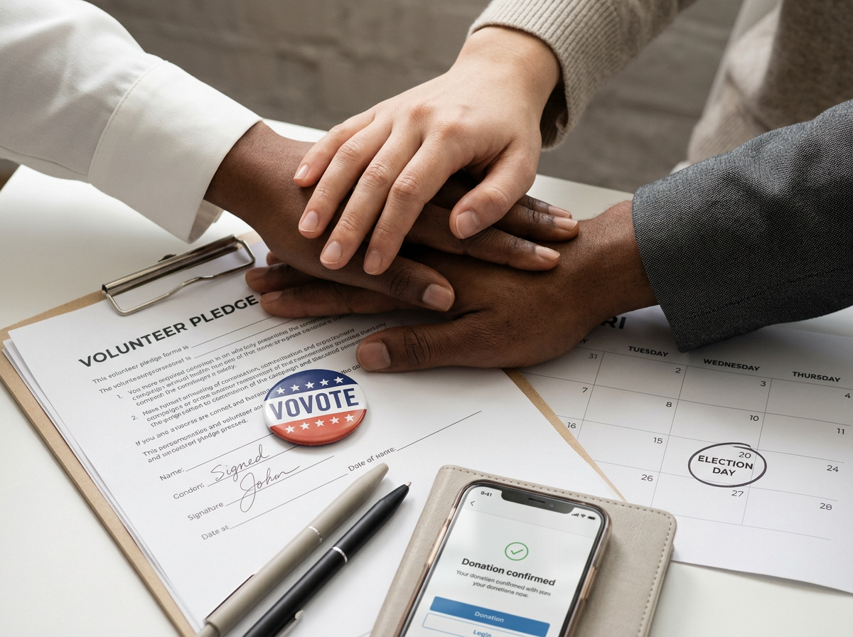 Three people of different skin tones placing their hands together in a gesture of unity over a volunteer pledge, with an 'I VOTE' button, a calendar marking election day, and a phone displaying a donation confirmation on the table.