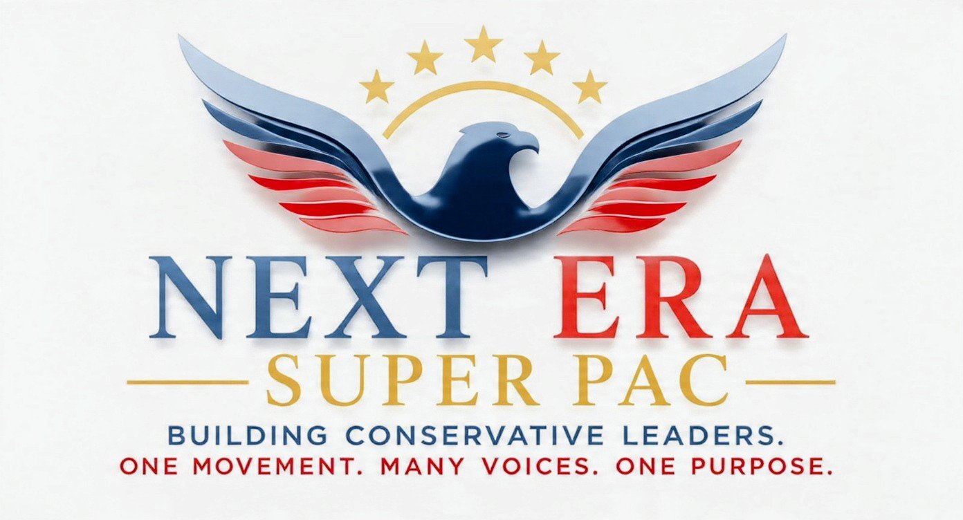 A graphic with a stylized eagle with blue and red wings, six stars above, and the words "NEXT ERA SUPER PAC" with the slogan "BUILDING CONSERVATIVE LEADERS. ONE MOVEMENT. MANY VOICES. ONE PURPOSE."