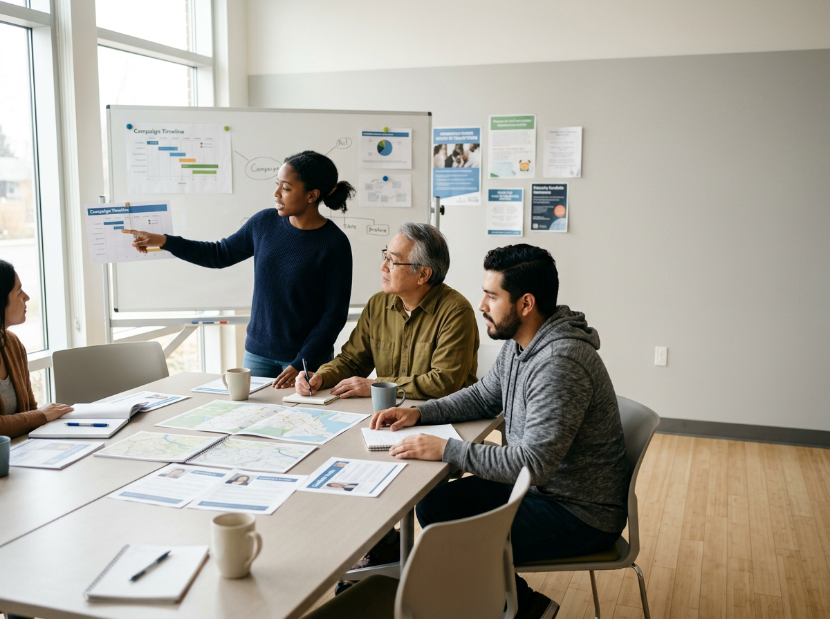 A woman presenting a project to a group in a meeting room with a whiteboard and papers on the table.