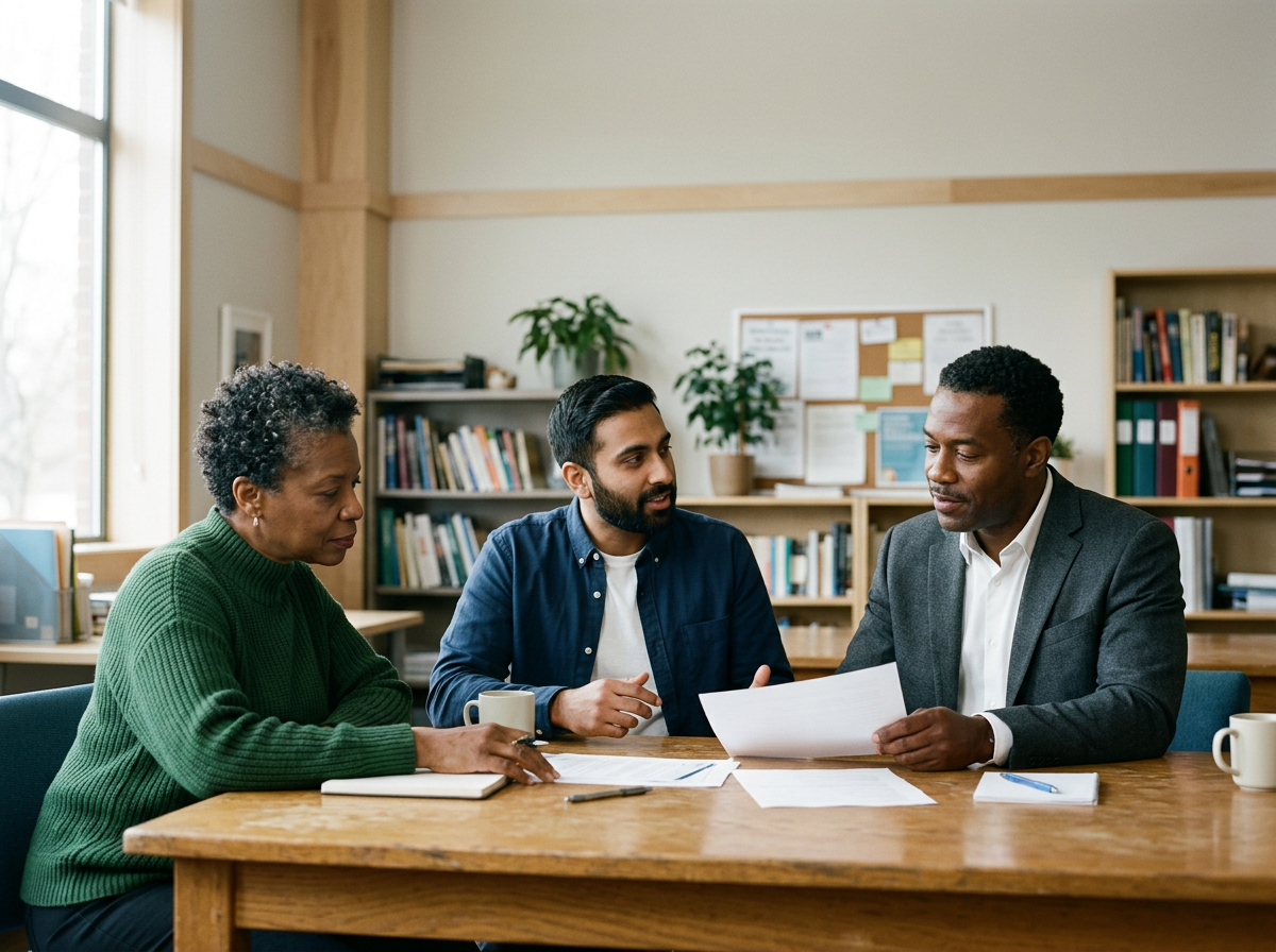 Three people sitting at a wooden table in an office, engaged in a discussion with papers and notebooks in front of them.