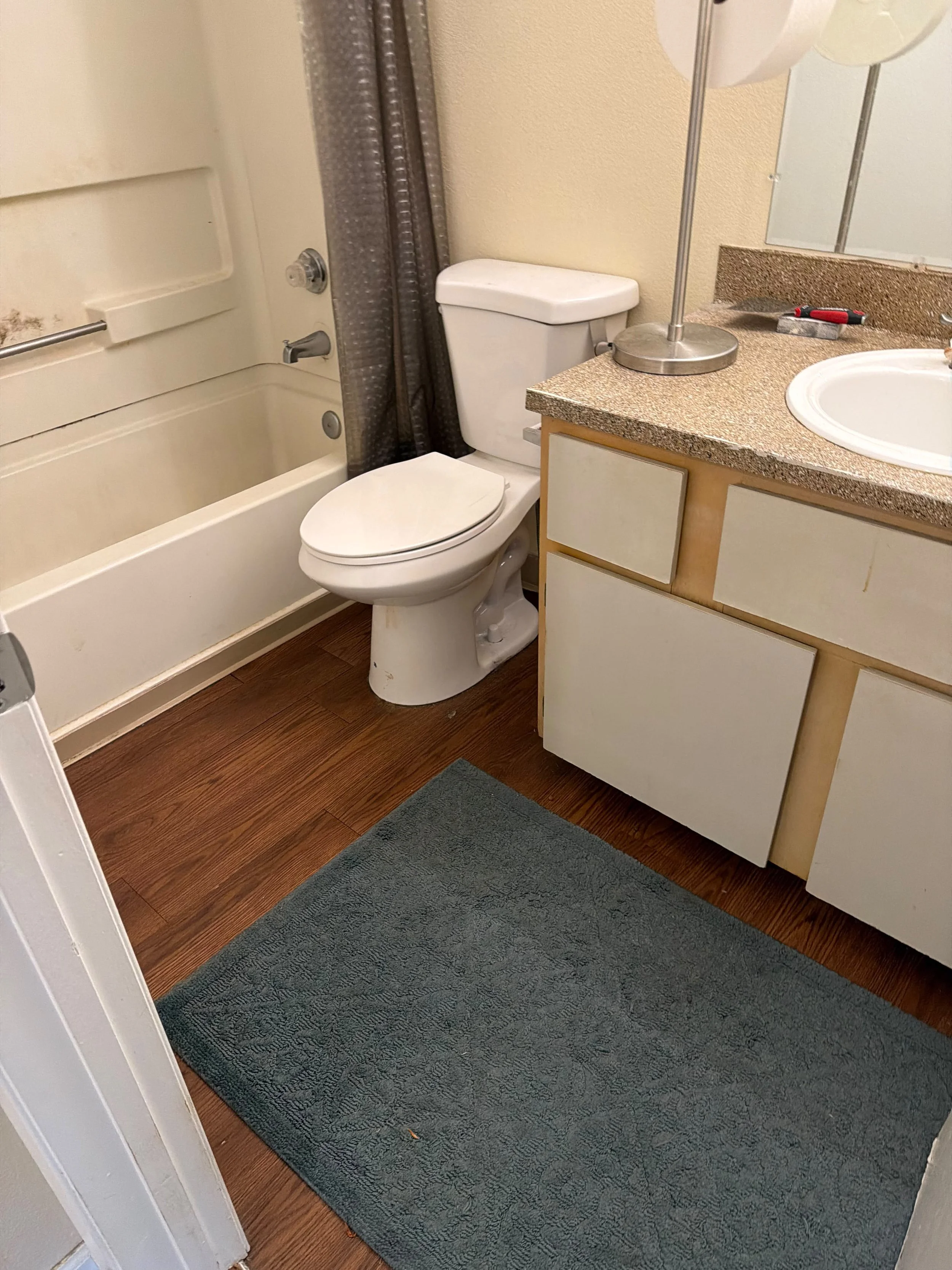 A bathroom with a bathtub and shower on the left, a toilet in the middle, and a bathroom vanity with a sink and a mirror on the right. There is a dark-colored bath mat on the wooden floor.