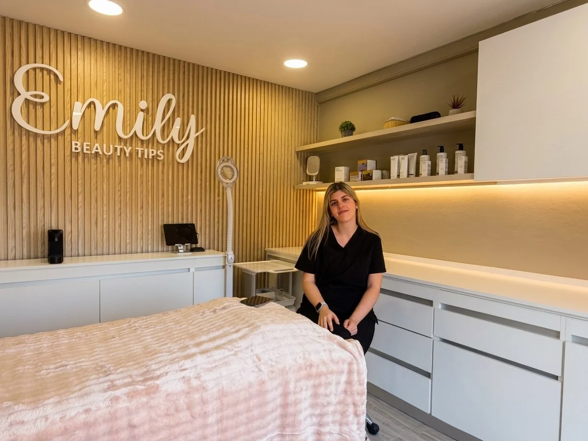 Una mujer sentada en una camilla de tratamiento en una clínica de belleza. Al fondo, una pared de madera con el letrero 'Emily Beauty Tips' y estantes con productos de belleza.