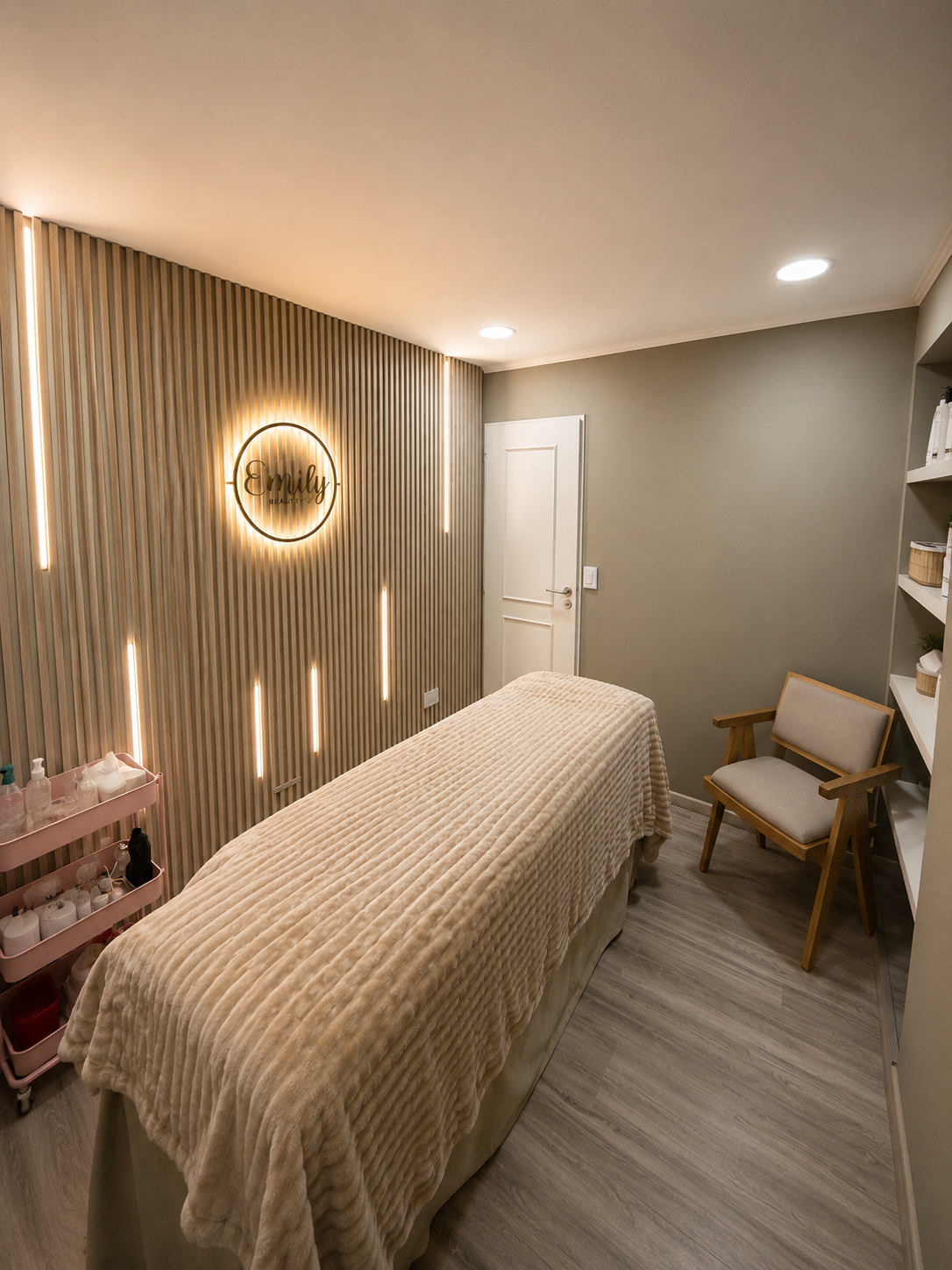 Sala de masajes con pared de madera, luz suave, camilla con mantas, silla de madera y estantería con productos. Signo luminoso que dice 'Emily'.