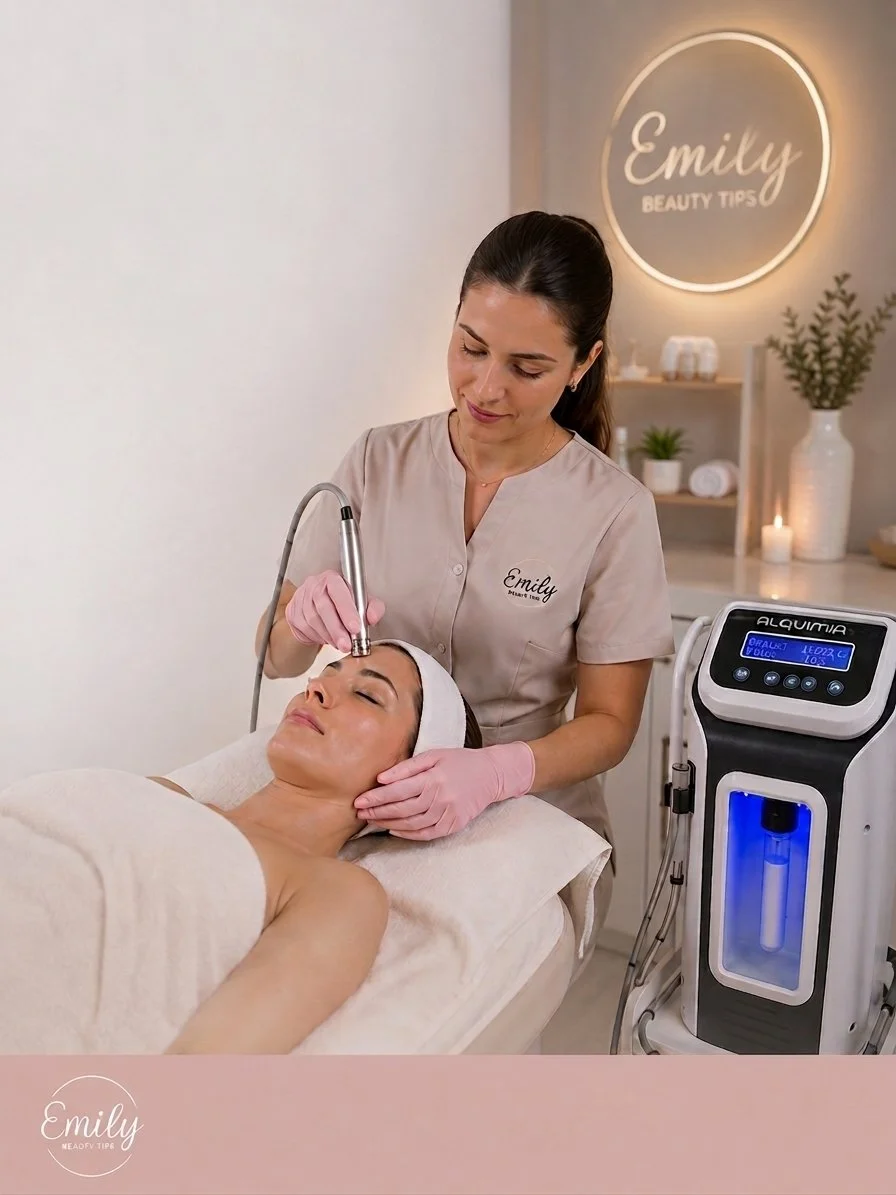 Una mujer recibe un tratamiento facial con un dispositivo en una clínica de belleza. La clínica tiene un decorado minimalista con plantas y velas, y un letrero que dice "Emily BEAUTY TIPS" en la pared.