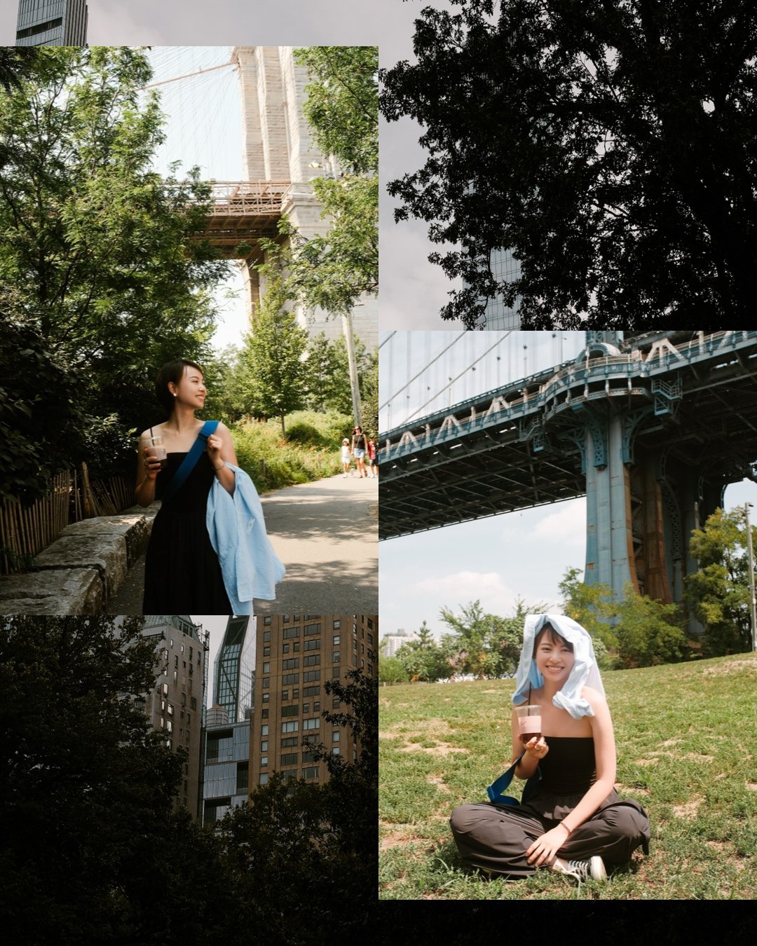 A collage of five images. The top left image shows part of a tall bridge, with trees and a person walking along a path below. The top right image captures the silhouette of a large tree against a cloudy sky. The middle left image features a woman hol