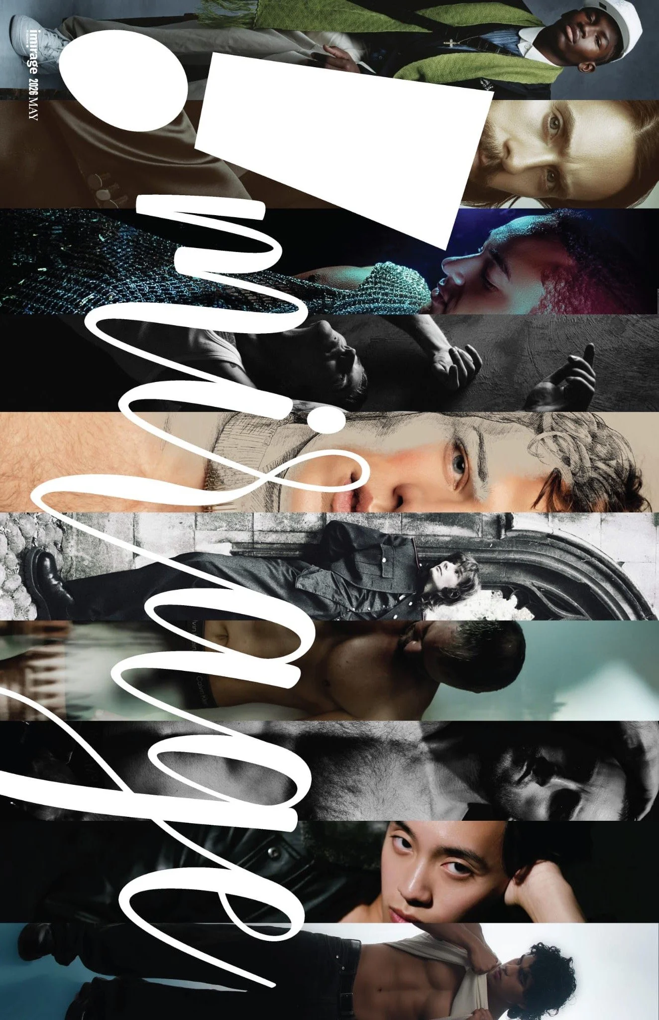 Series of diverse fashion models in various outfits, poses, and backgrounds, including outdoor, studio, and artistic settings, with bold lighting and styling.