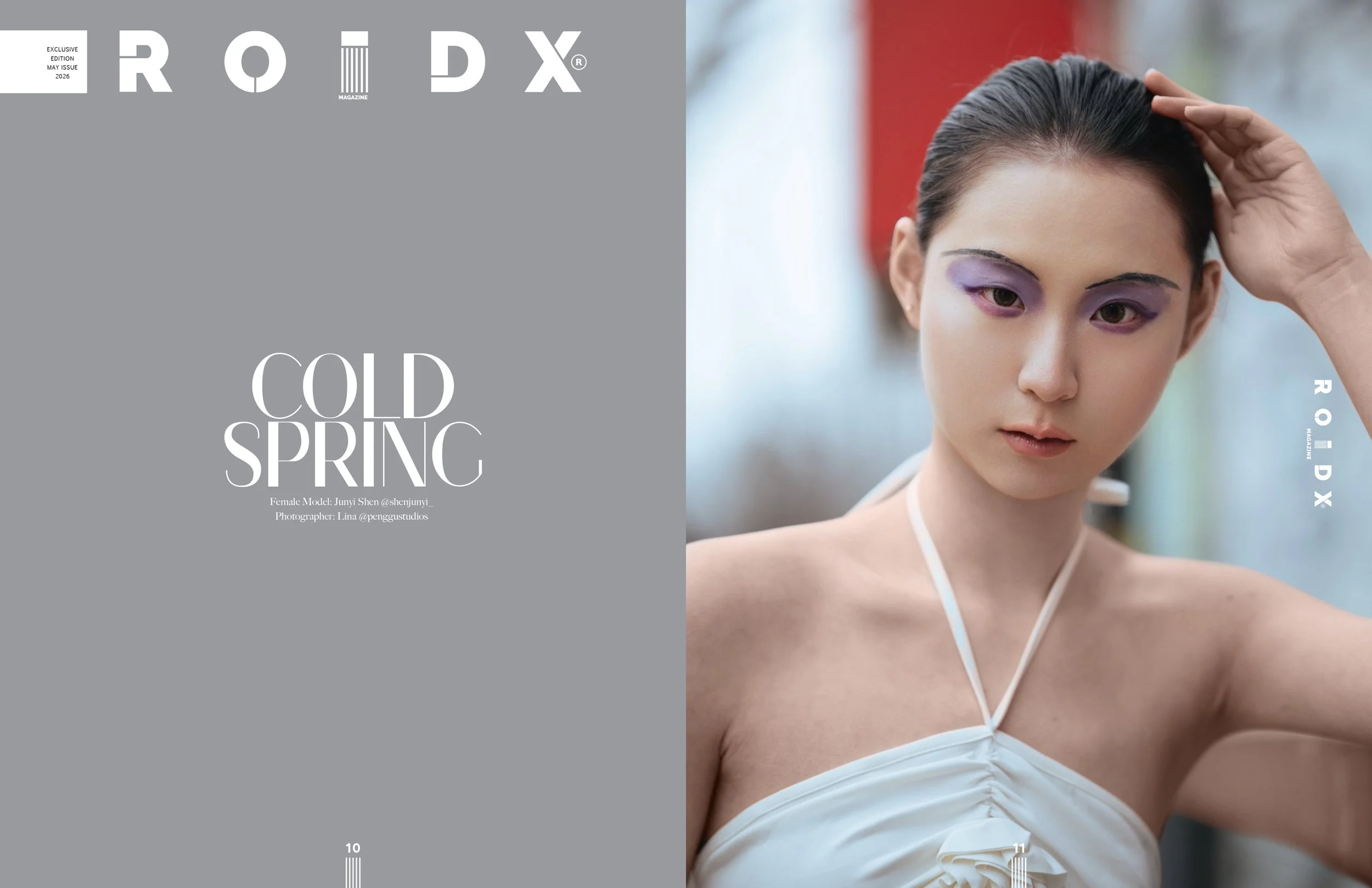 Magazine cover featuring a young woman with dark hair styled back, purple eyeshadow, and a white top with thin straps, with the title 'RODX' and the words 'COLD SPRING' on the cover.