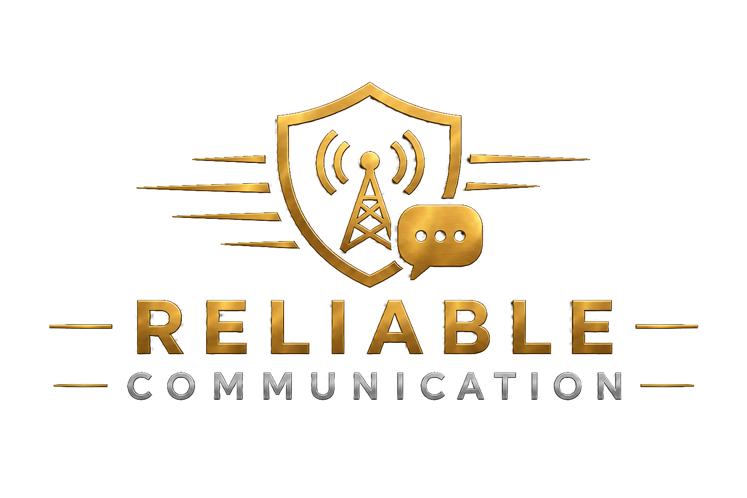 A digital graphic of a shield with a radio tower inside, emitting signals, and a speech bubble with three dots, with the words 'RELIABLE COMMUNICATION' in gold and silver text.