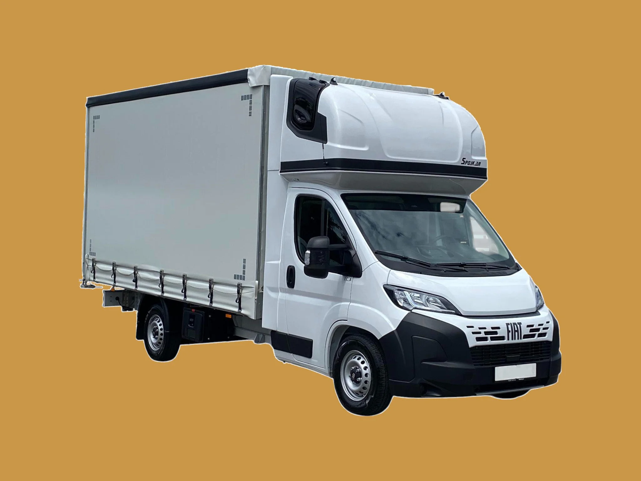 Front view of a white delivery truck with a box cargo area, black accents, and the logo 'FIAT' on the front grille, set against a plain mustard-colored background.