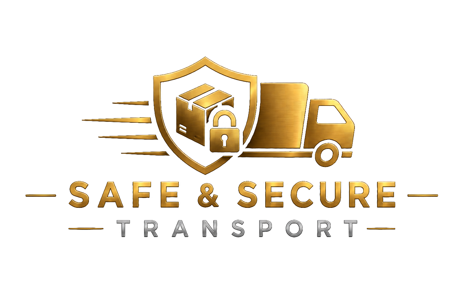 A gold-colored logo with a shield, a delivery truck, boxes, and a lock, along with the text 'Safe & Secure Transport' in gold and silver letters.
