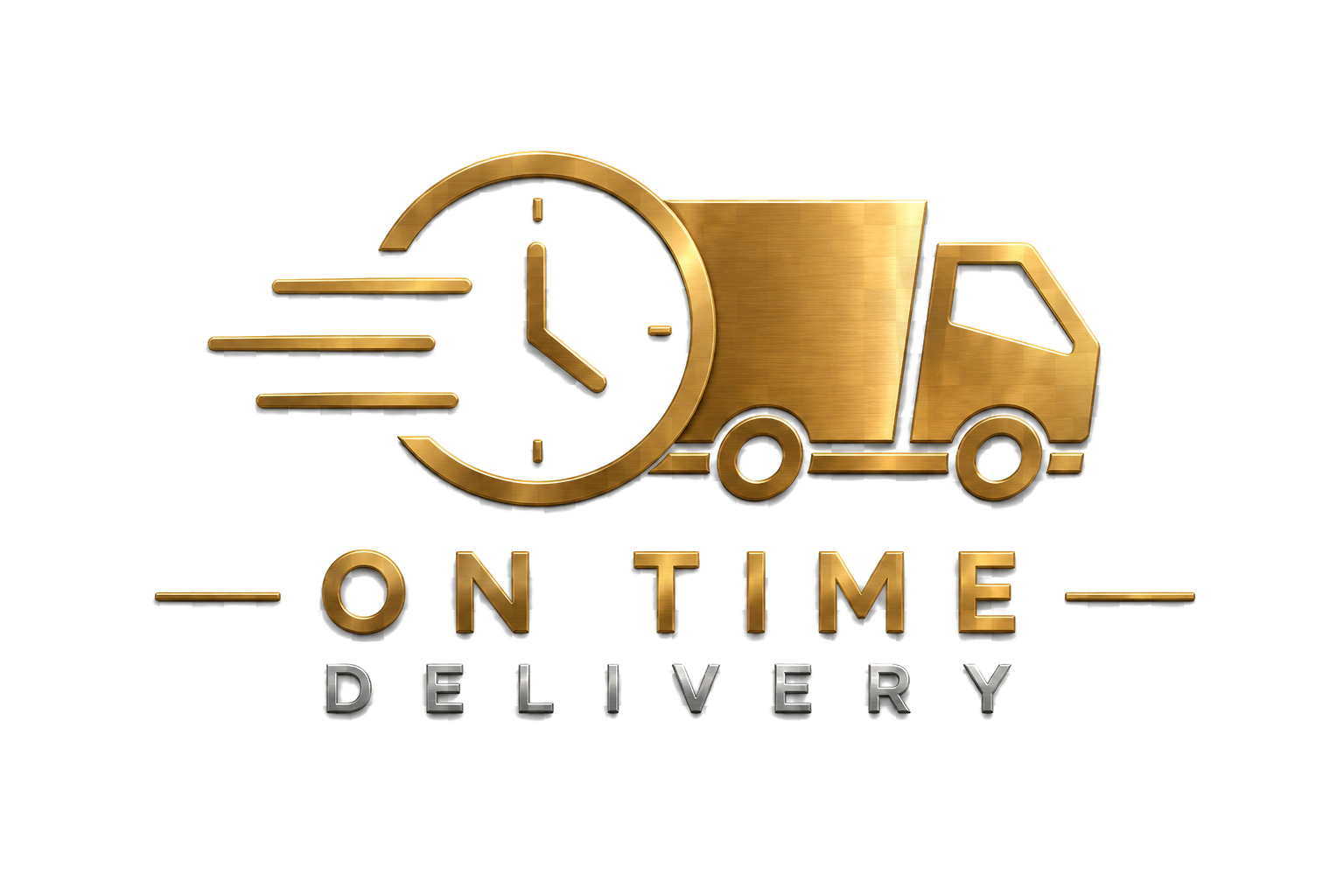 Golden delivery truck with clock and speed lines, and the text "On Time Delivery" in metallic gold and silver.
