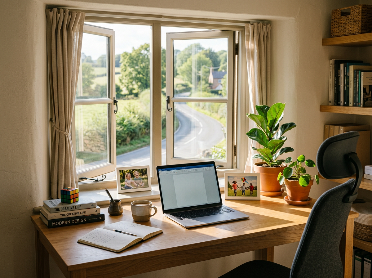 desk and window with road outside