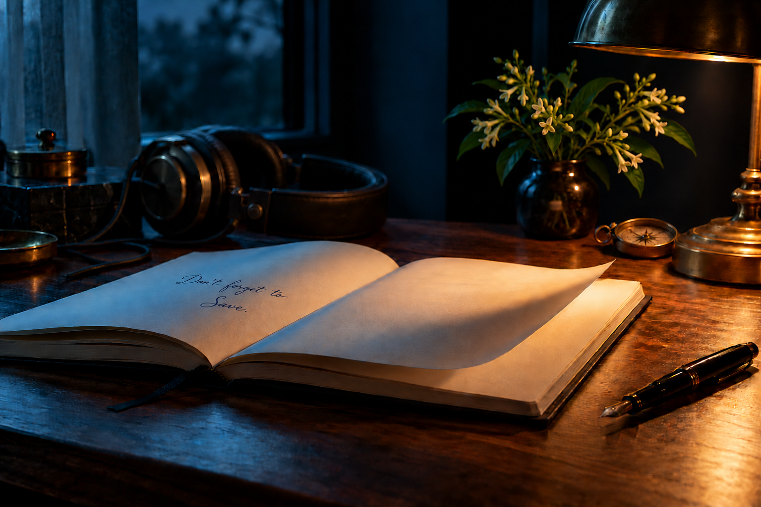 Open book with the handwritten reminder “Don’t forget to Save.” beside headphones, jasmine and a brass compass on a lamplit desk.