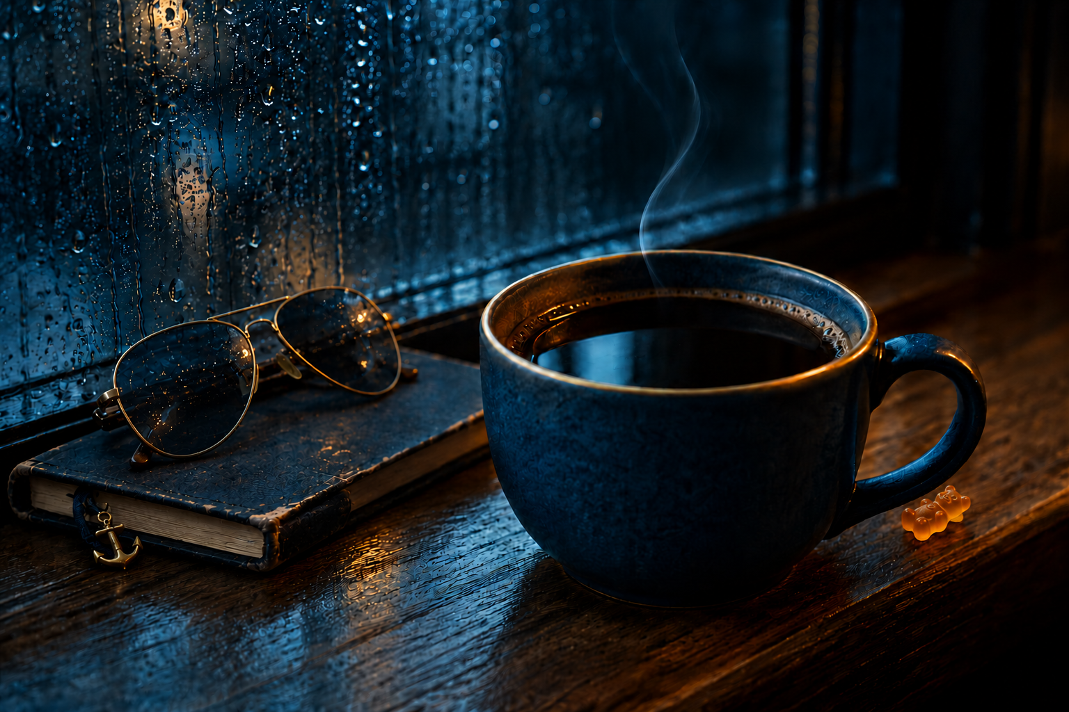 Navy coffee cup beside a notebook, aviator sunglasses and a small orange gummy bear by a rain-streaked window.