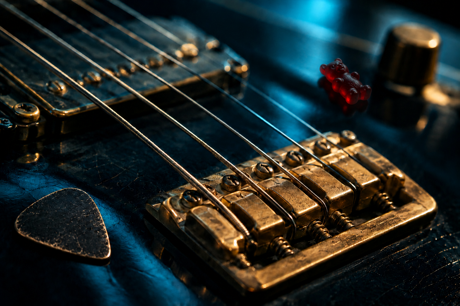 Macro view of guitar strings and a brass bridge, with a pick and a small red gummy bear in blue and gold light.