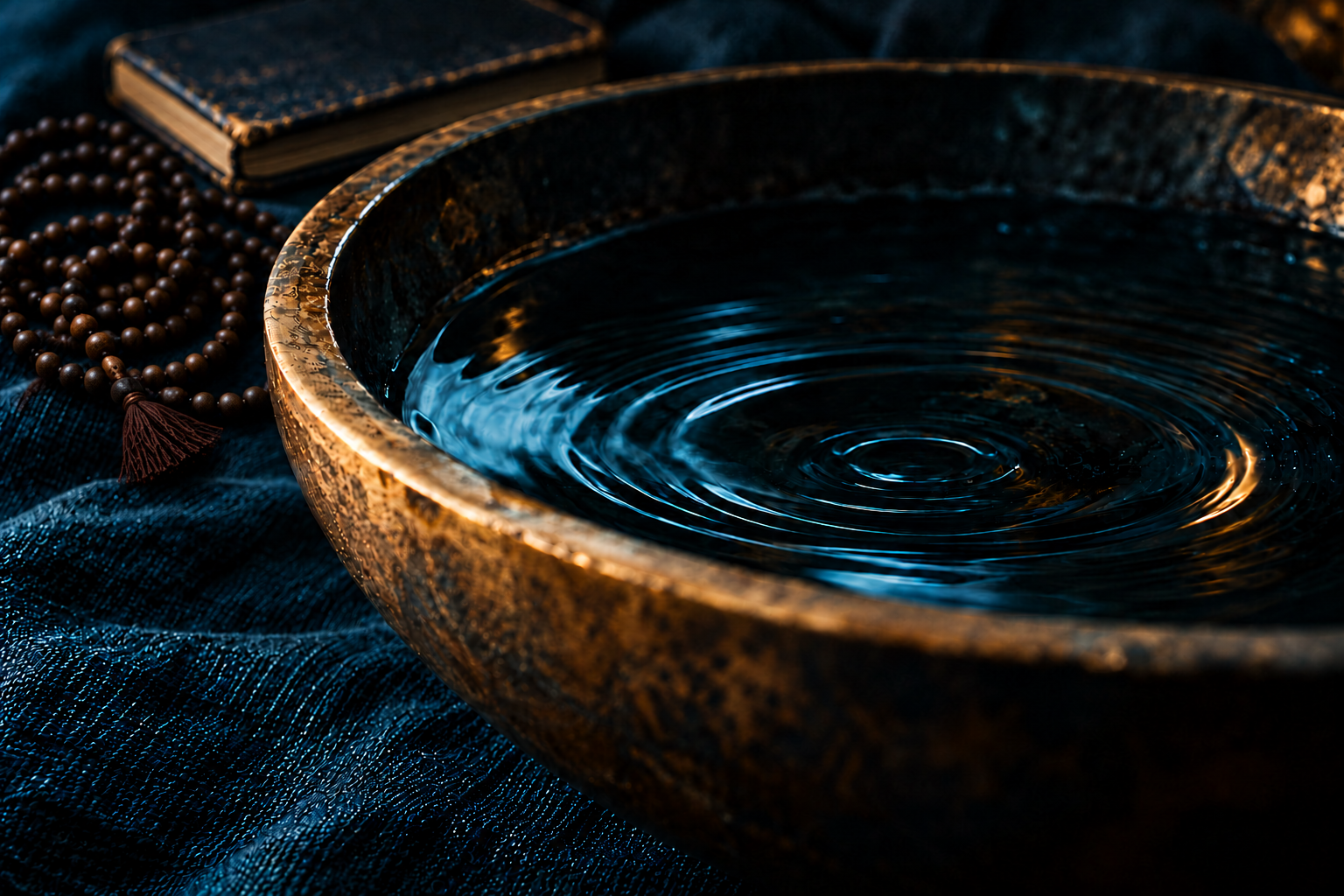 Brass bowl with rippling water beside a book and loosely coiled mala beads in blue and gold light.
