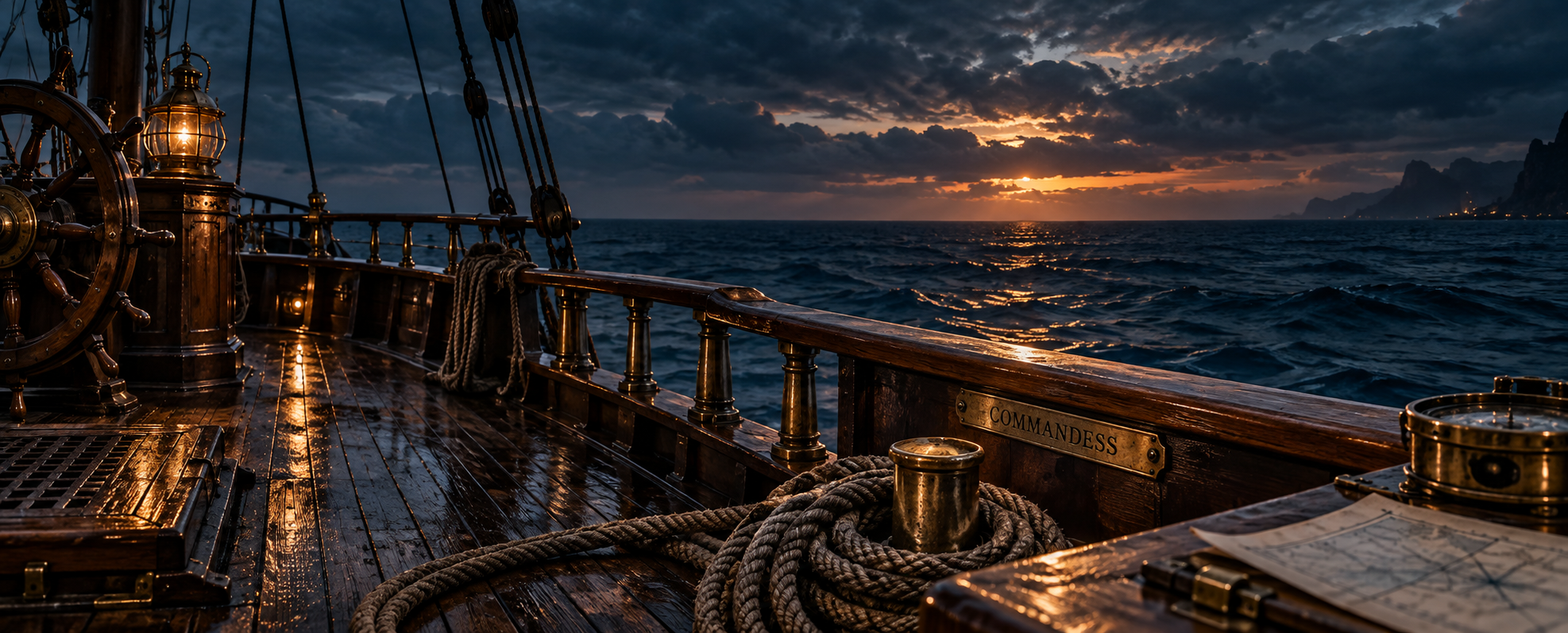 Weathered ship quarterdeck overlooking a dark ocean, with brass lanterns, coiled rope and a Commandess nameplate.