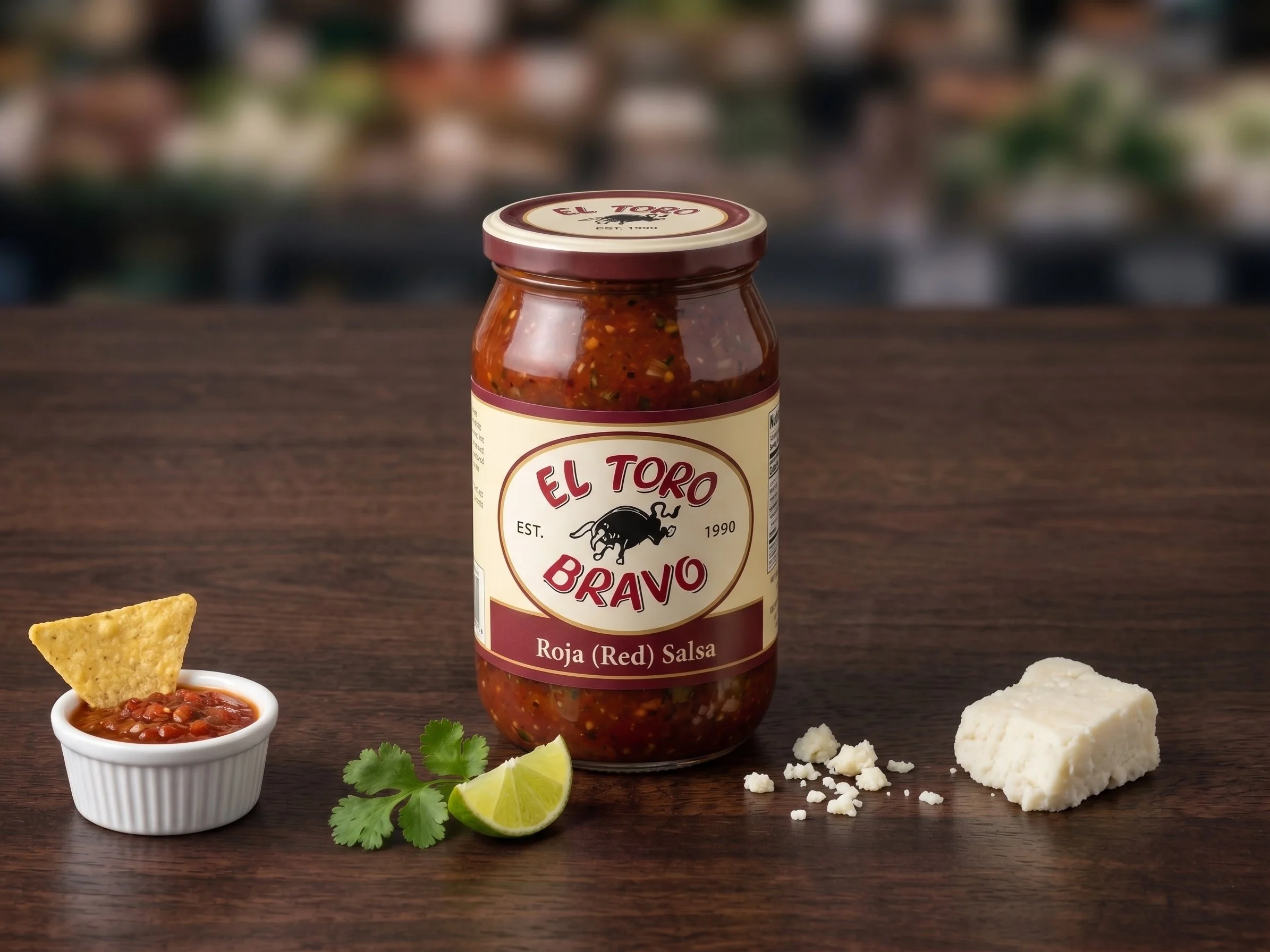 A jar of El Toro Bravo red salsa on a wooden surface, with a small bowl of salsa with a tortilla chip, lime wedges, cilantro, white cheese, and crushed cheese around it.