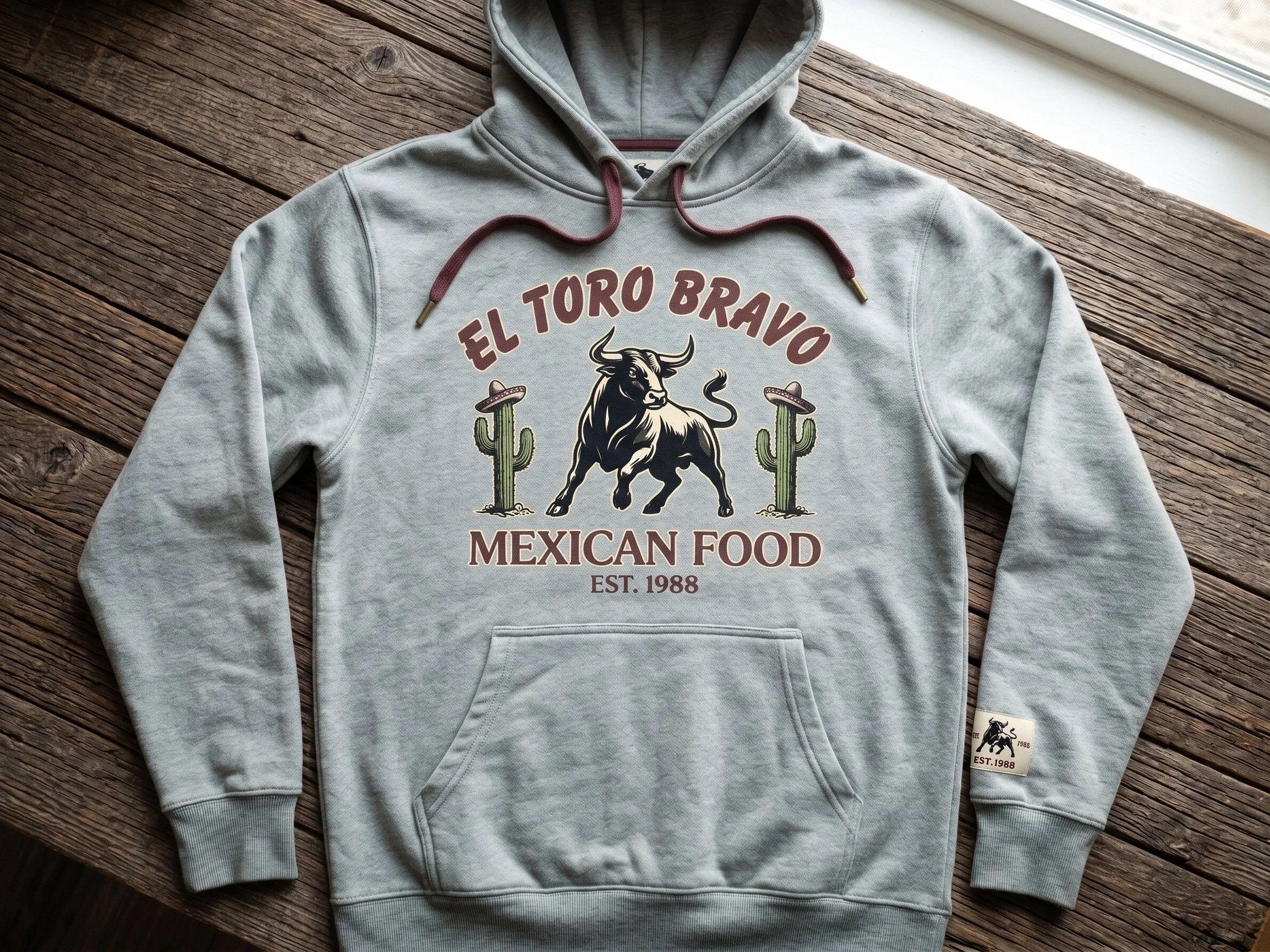 Gray hoodie with 'El Toro Bravo Mexican Food' logo featuring a bull and cacti, laid on a wooden surface near a window.